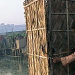 Young child from a third world country in front of toilet door. This toilet located above a water source  which is linked to the surrounding houses and it will clearly recuperated what is in this toilet. 